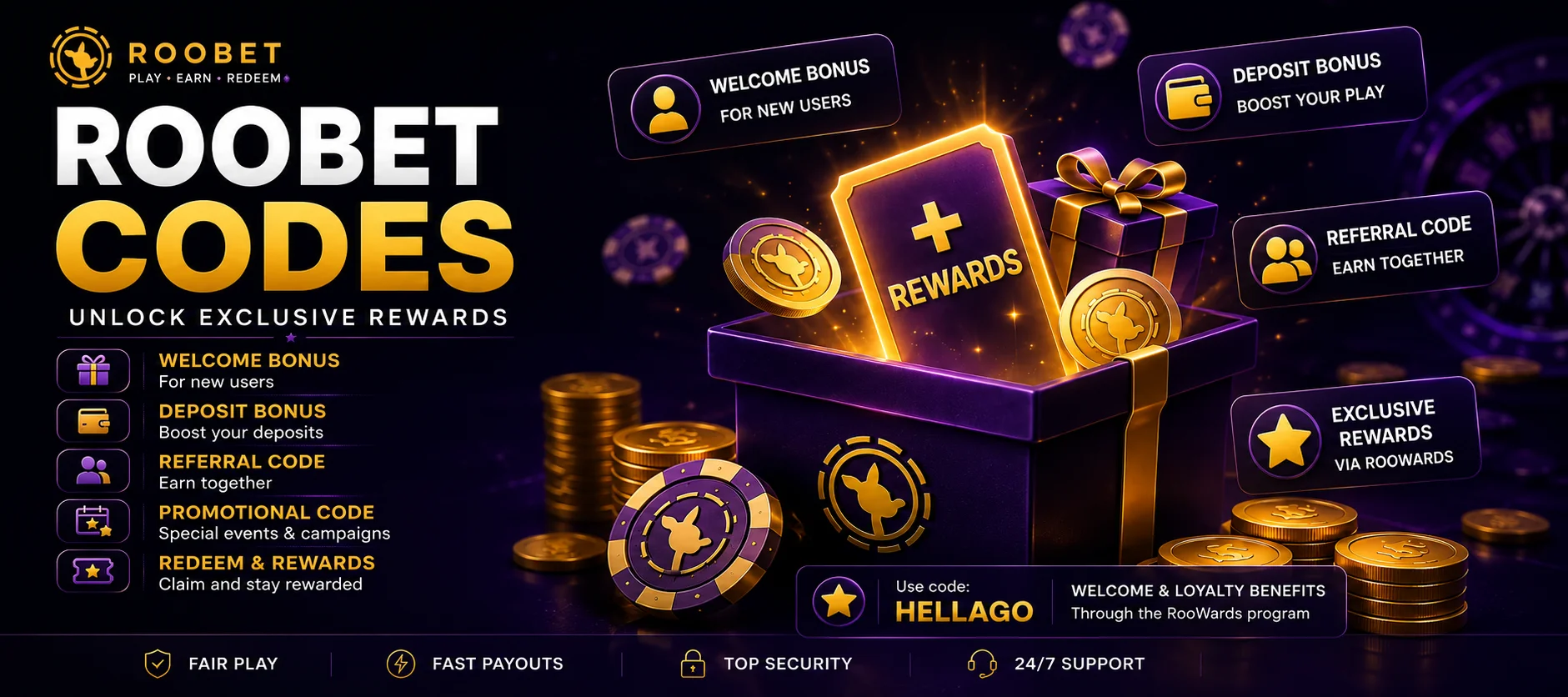 Roobet promo, referral, and bonus code types